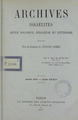 Archives israélites de France. Vol.32 N°01-05 (01 janv. 1871)
